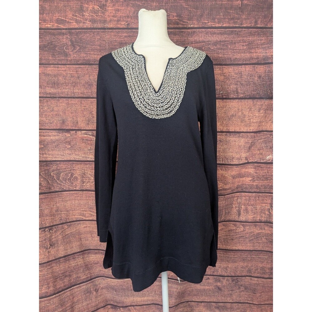 Tory Burch Merino Wool Tunic‎ Sweater With Beaded Rope Collar Size Medium